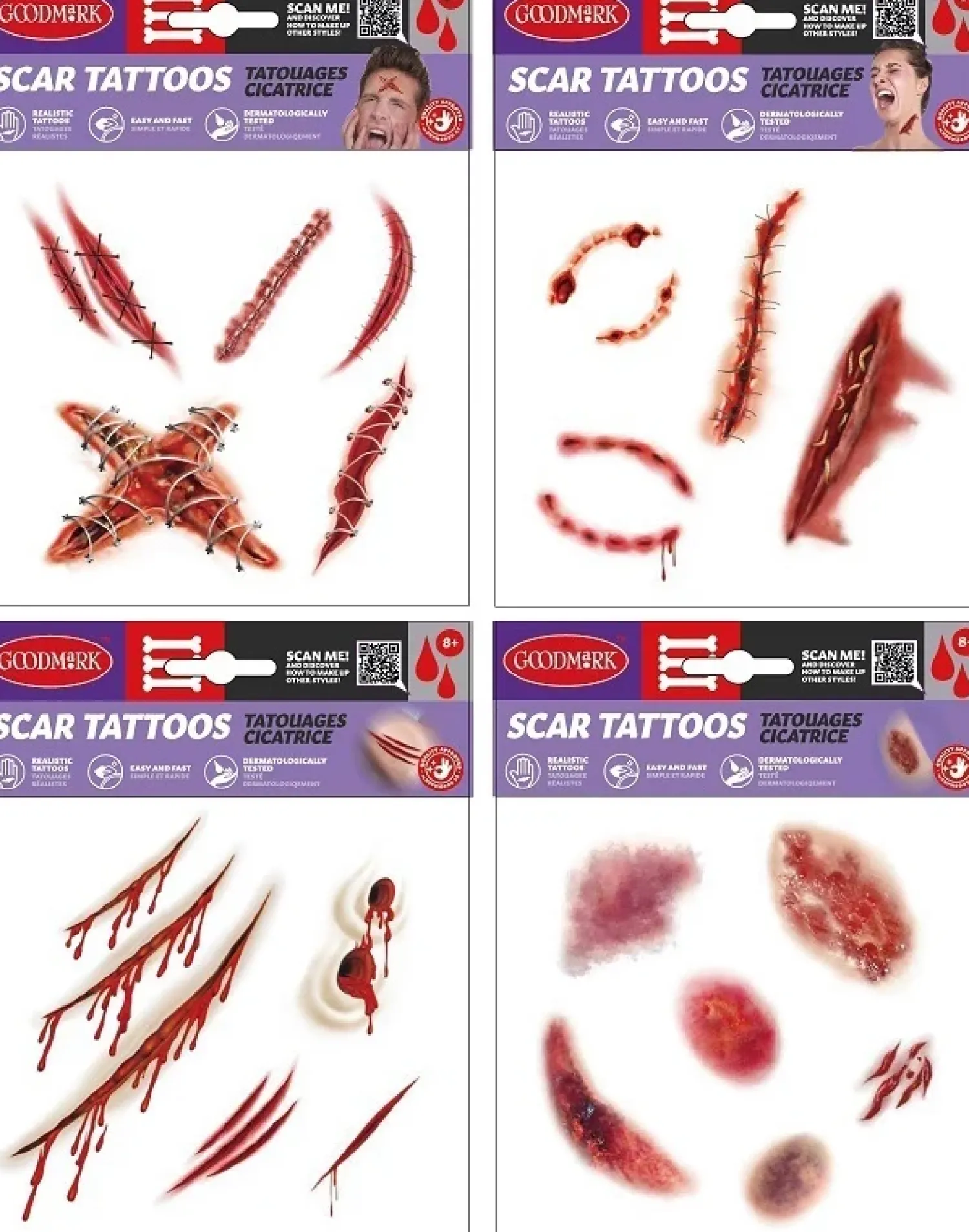 Halloween|Haavat, Arvet Ja Tekoiho>Goodmark Europe NV, Industrielaan 15, 8520 Kuurne, www.goodmarkgroup.com Arpisiirtokuvatatuointi, lajitelmatuote 4 erilaista