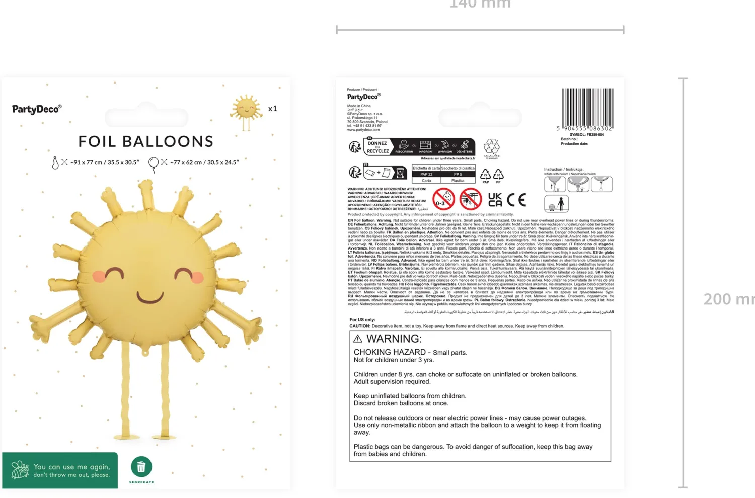 Pienet Foliopallot|Kävelevät Foliopallot>PartyDeco sp. z o.o. sp. k., ul. Kolumba 1, 70-035 Szczecin, www.partydeco.com Aurinko, kävelevä foliopallo S