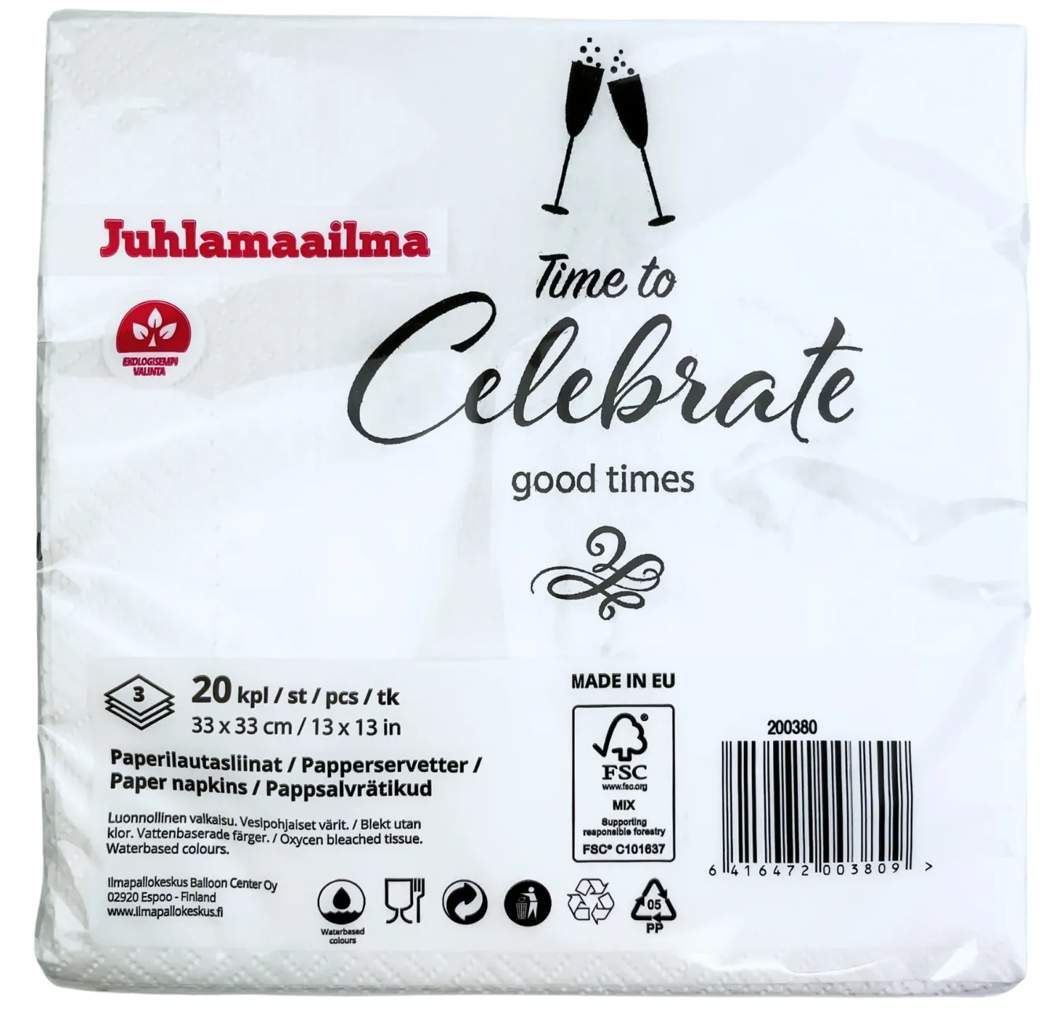 Lakkiaiset Ja Valmistujaiset|Lakkiaiset Ja Valmistujaiset>Ilmapallokeskus Balloon Center Oy, Tiilipojanlenkki 9, 01720 VANTAA, www.ilmapallokeskus.fi Celebrate lautasliina valkoinen 33 x 33 cm 20 kpl/pkt