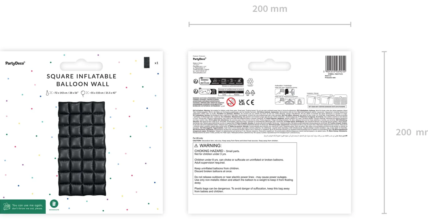 Erikoisilmapallot>PartyDeco sp. z o.o. sp. k., ul. Kolumba 1, 70-035 Szczecin, www.partydeco.com Folioseinä musta 55 x 110 cm