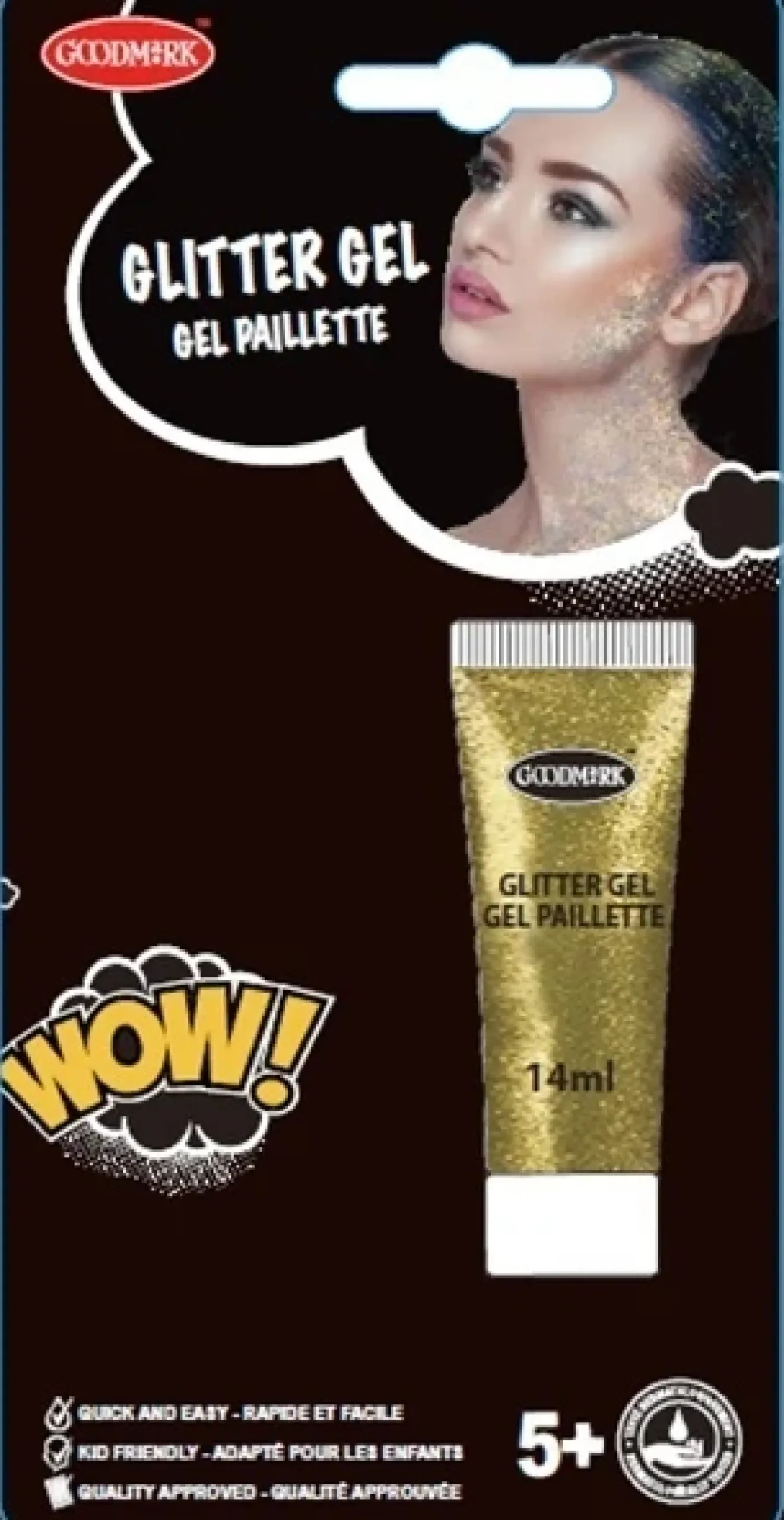 Kasvovärit|Festarit>Goodmark Europe NV, Industrielaan 15, 8520 Kuurne, www.goodmarkgroup.com Glittergeeli kullanvärinen 14 ml tuubi