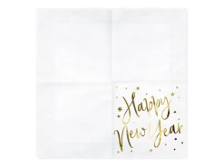 Lautasliinat|Uusi Vuosi>PartyDeco sp. z o.o. sp. k., ul. Kolumba 1, 70-035 Szczecin, www.partydeco.com Happy New Year suuri lautasliina valkoinen 20 kpl/pkt