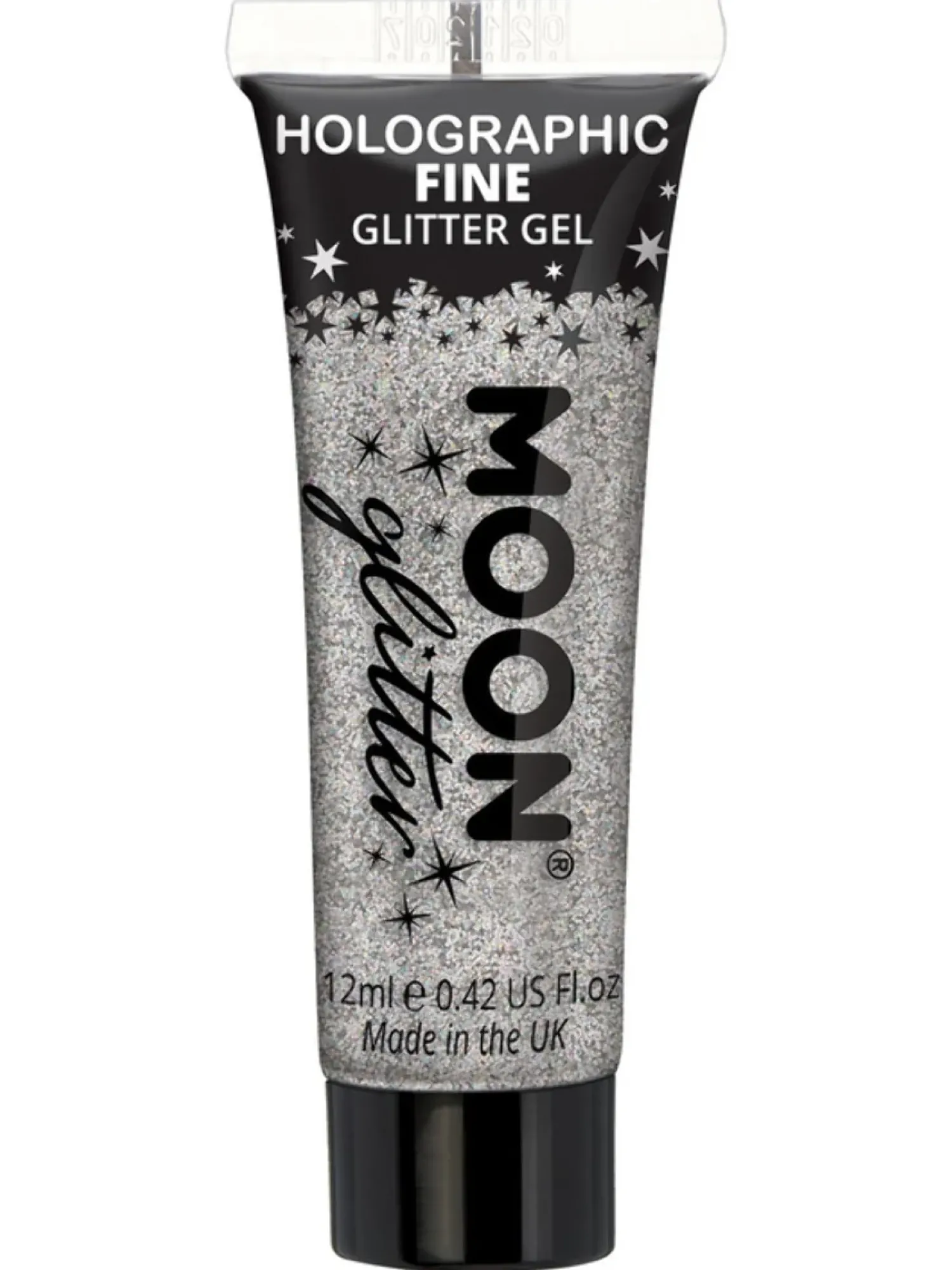 Glitterit|Pride>Smiffys II Ltd., New Lane, Leeds, LS11 5DZ United Kingdom, www.smiffys.com Holografinen glittergeeli hienojakoinen hopeanvärinen 12 ml