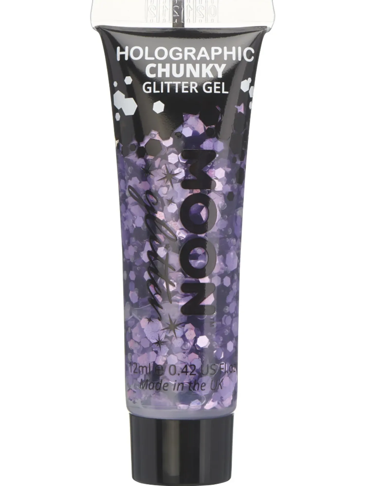 Glitterit|Vappu>Smiffys II Ltd., New Lane, Leeds, LS11 5DZ United Kingdom, www.smiffys.com Holografinen glittergeeli suuri kimalle violetti 12 ml