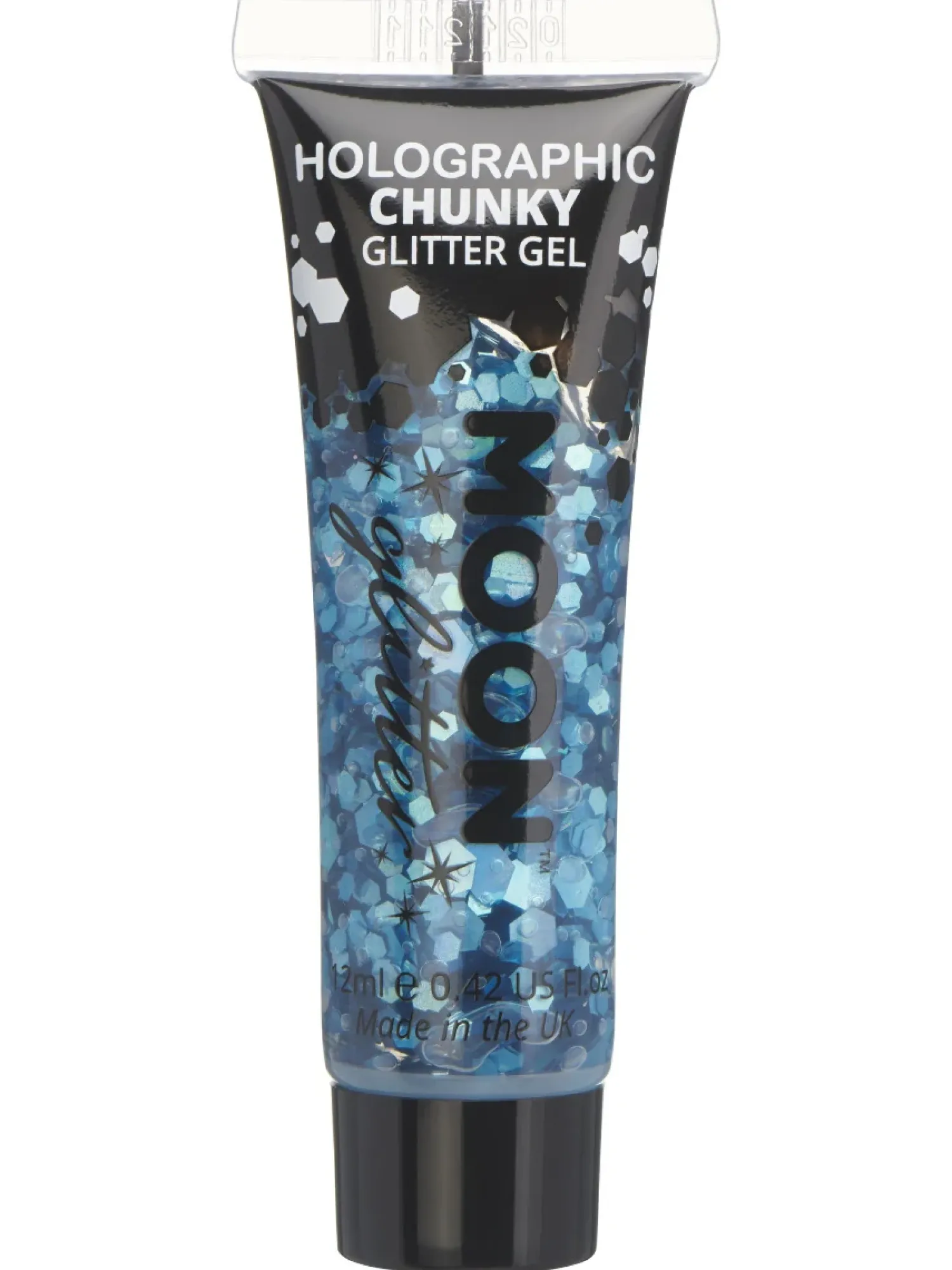 Glitterit|Vappu>Smiffys II Ltd., New Lane, Leeds, LS11 5DZ United Kingdom, www.smiffys.com Holografinen glittergeeli suuri kimalle sininen 12 ml