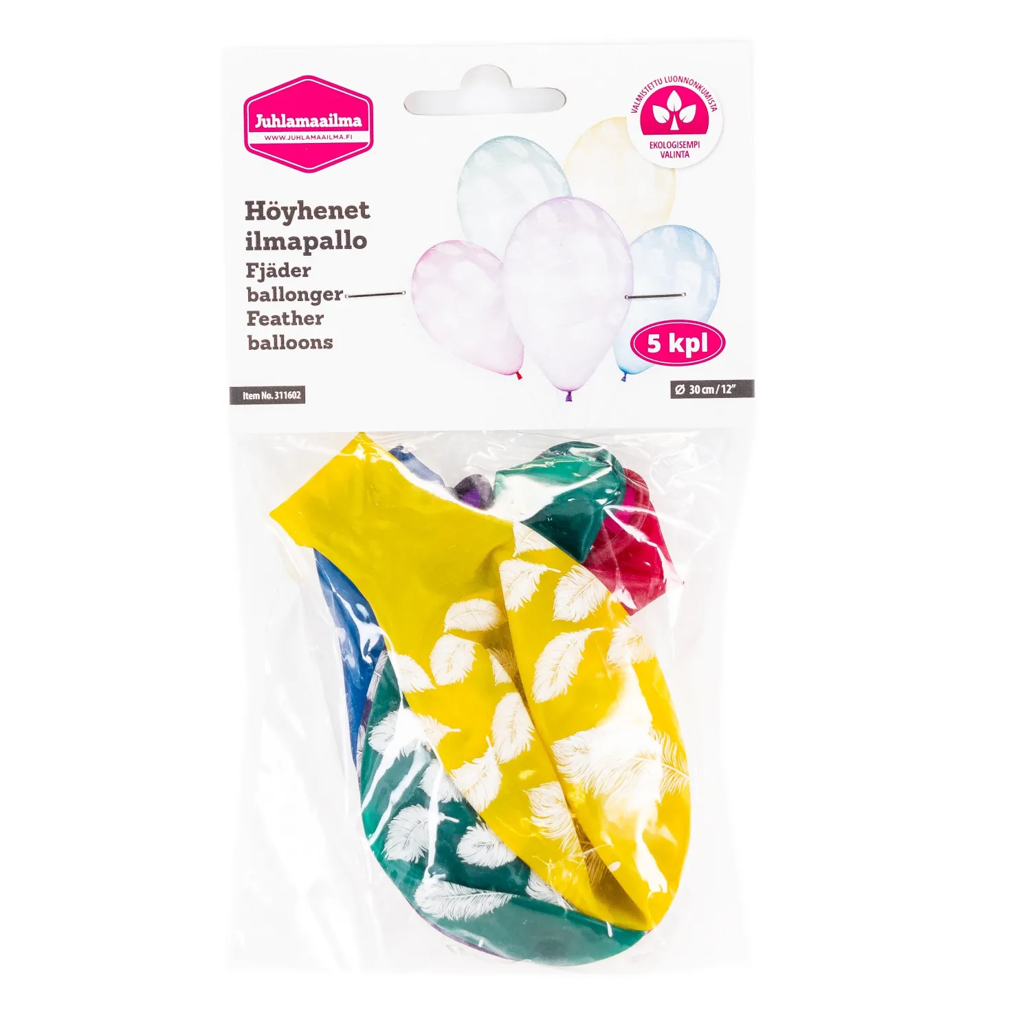 Painetut Ja Kuvioidut Ilmapallot>Ilmapallokeskus Balloon Center Oy Part of Toyrock Group, Tiilipojanlenkki 9, 01720 VANTAA, www.ilmapallokeskus.fi Höyhenet ilmapallo 30cm 5 kpl/pss
