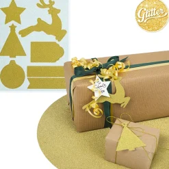 Lahjapaketointi|Joulu>Givi Italia S.r.l, Via Ennio de Monte 117r, 16014 ISOVERDE, www.giviitalia.com Jouluiset pakettikortit kullanvärinen kimalle 14 kpl/pkt