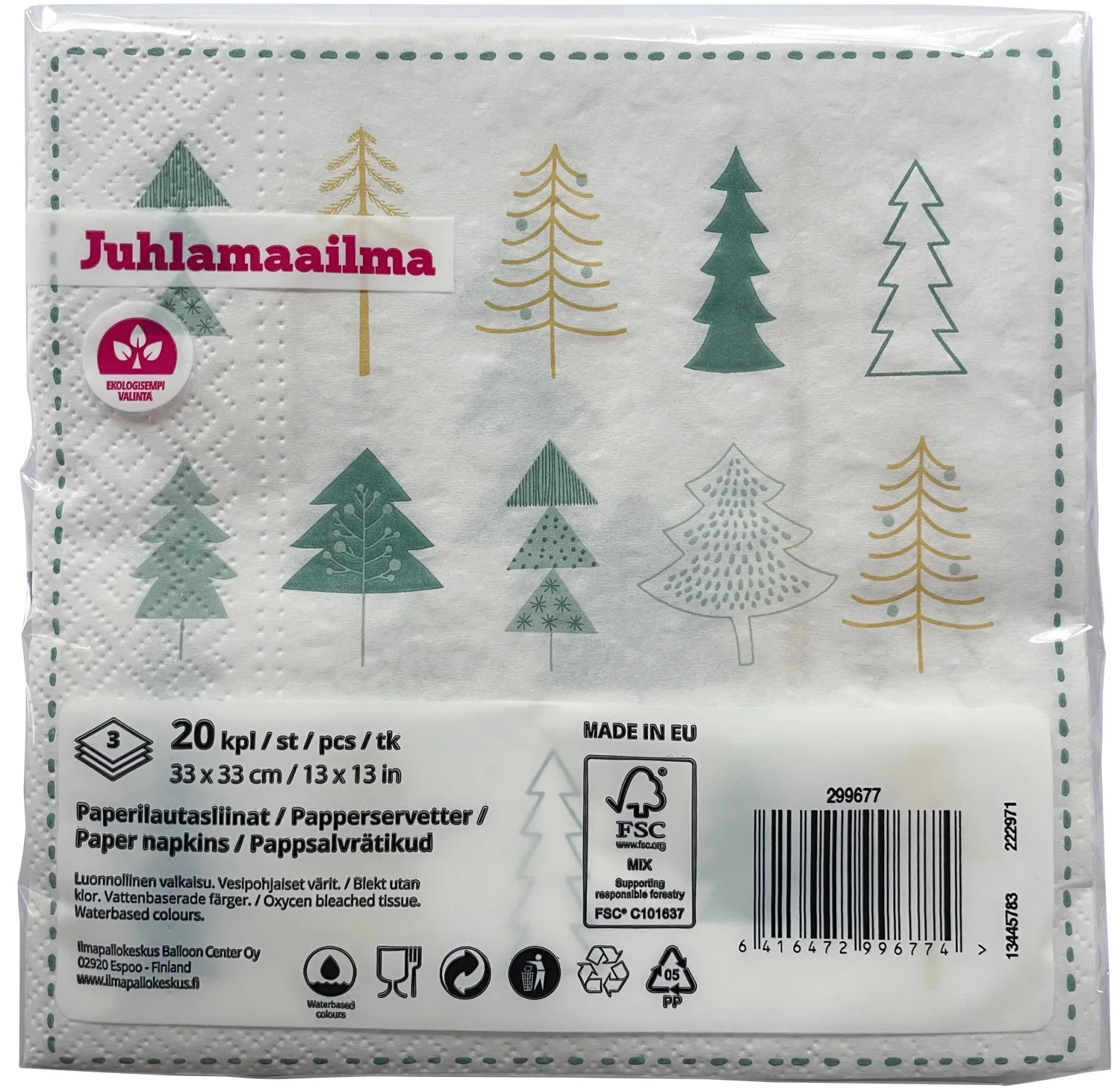 Joulu|Lautasliinat>Ilmapallokeskus Balloon Center Oy Part of Toyrock Group, Tiilipojanlenkki 9, 01720 VANTAA, www.ilmapallokeskus.fi Joulukuuset lautasliina 33 x 33 cm 20 kpl/pkt