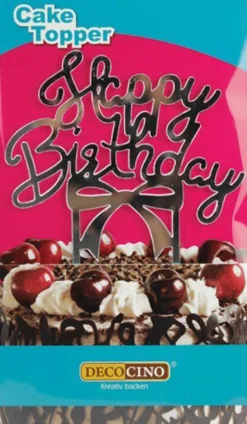 Leivontakoristeet|Muut Juhlatarvikkeet>Dekoback GmbH, Flinsbacher Straße 1, 74921 Helmstadt-Bargen, www.dekoback.com Kakunkoriste Happy Birthday hopeanvärinen