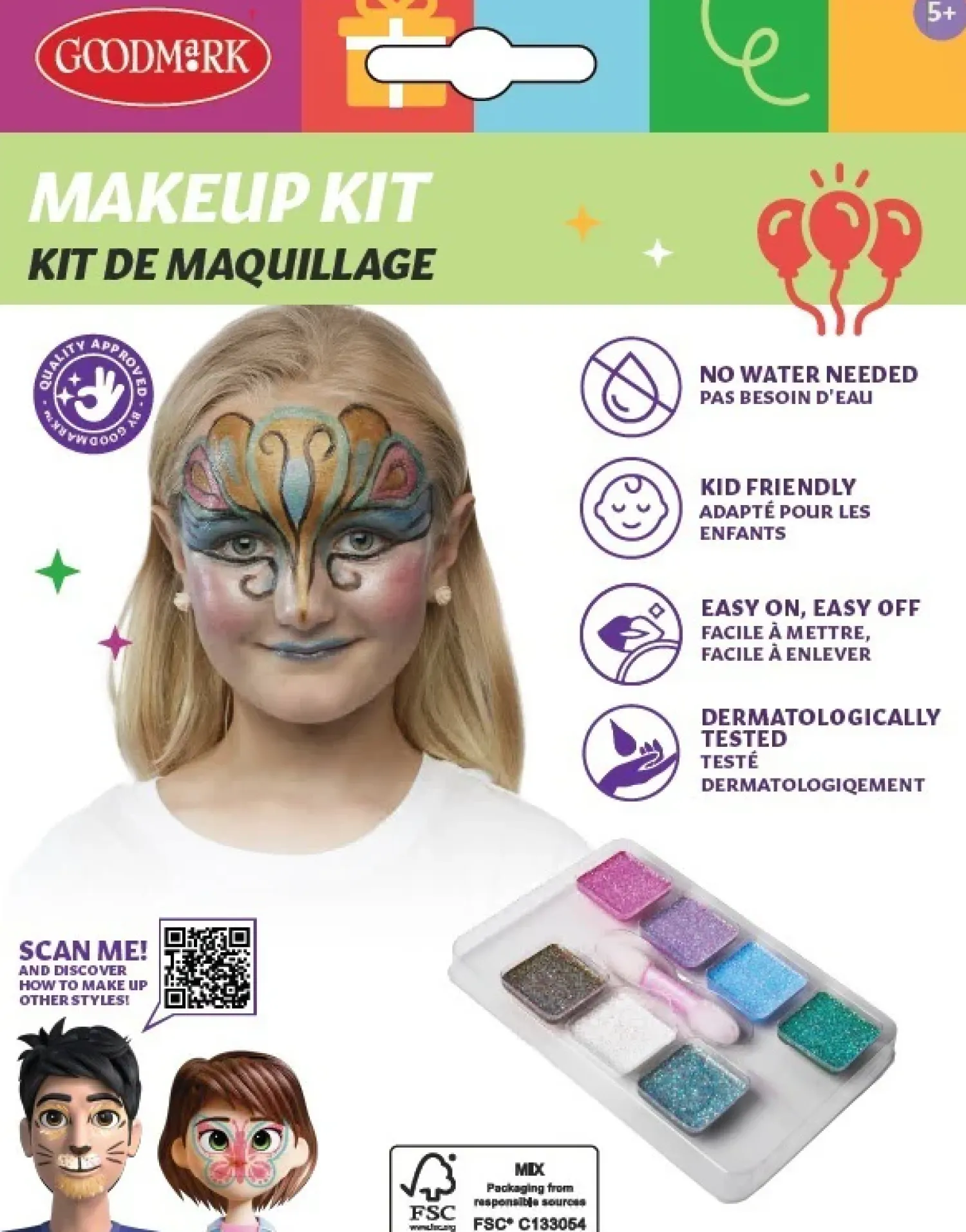 Vappu|Maskeeraussetit>Goodmark Europe NV, Industrielaan 15, 8520 Kuurne, www.goodmarkgroup.com Kasvovärisetti glitter ja sivellin