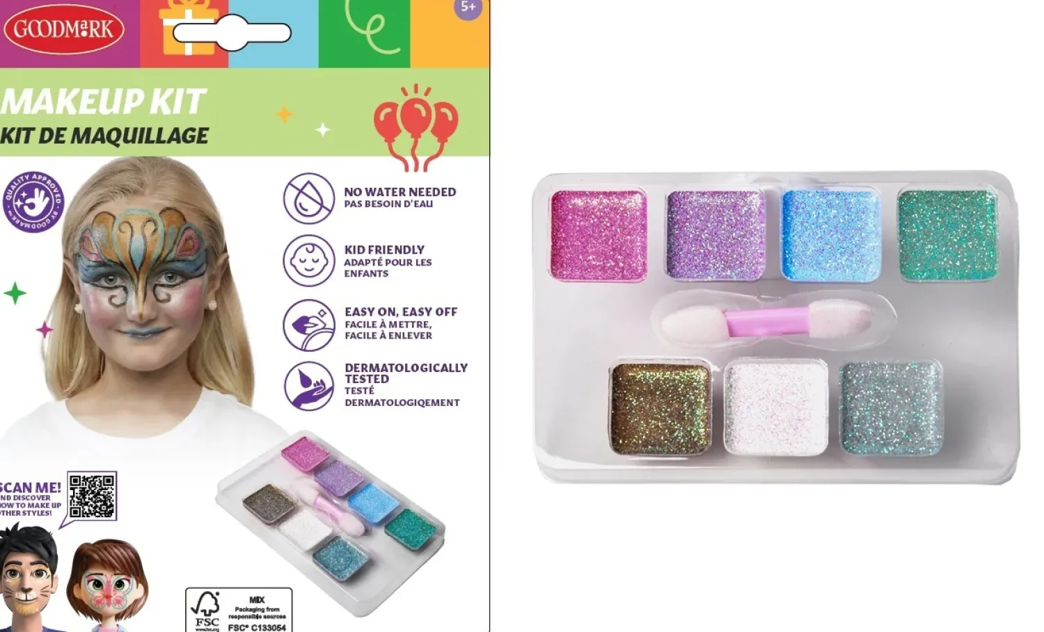 Vappu|Maskeeraussetit>Goodmark Europe NV, Industrielaan 15, 8520 Kuurne, www.goodmarkgroup.com Kasvovärisetti glitter ja sivellin