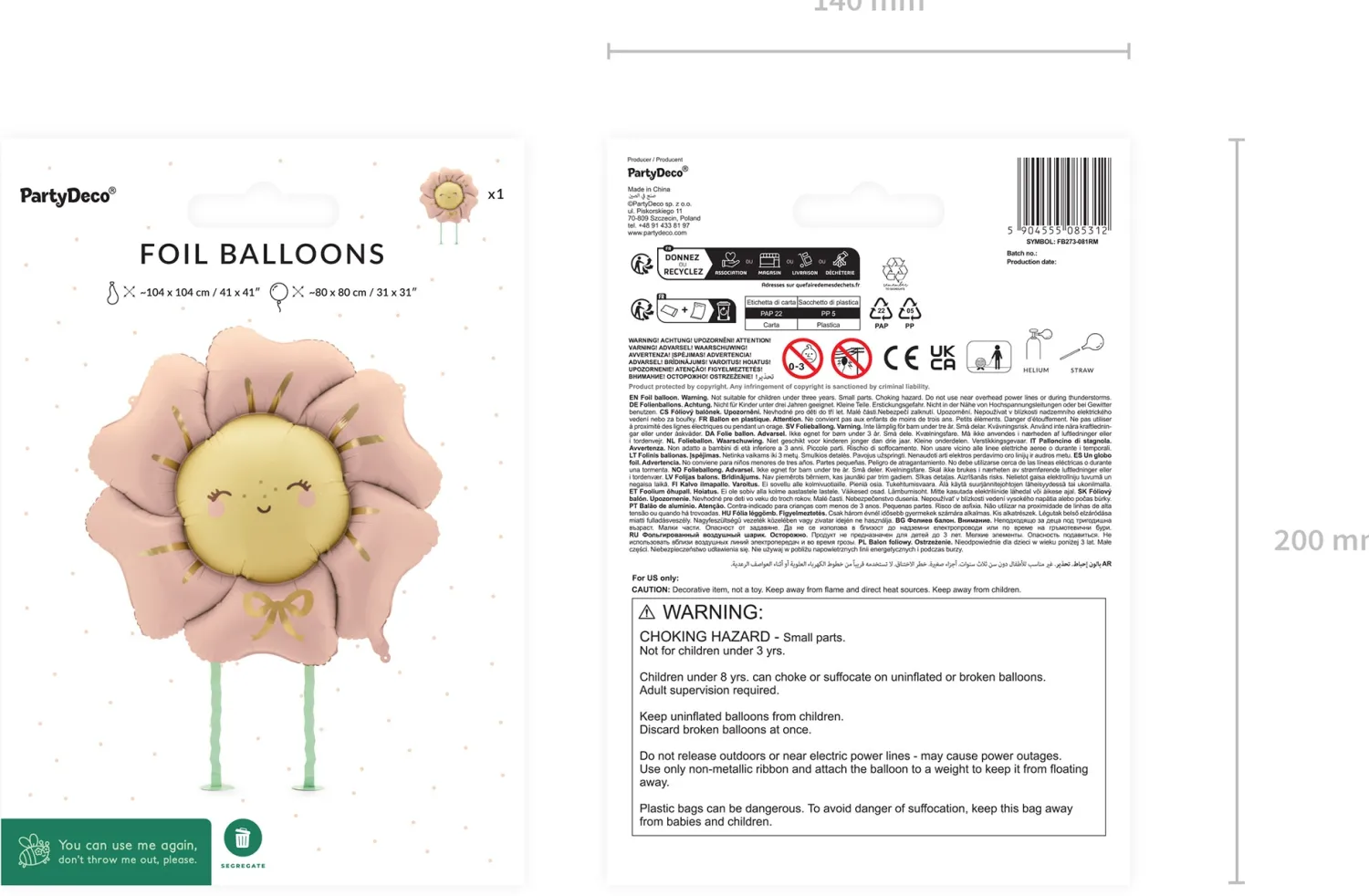 Kävelevät Foliopallot|Vappu>PartyDeco sp. z o.o. sp. k., ul. Kolumba 1, 70-035 Szczecin, www.partydeco.com Kukka, kävelevä foliopallo M