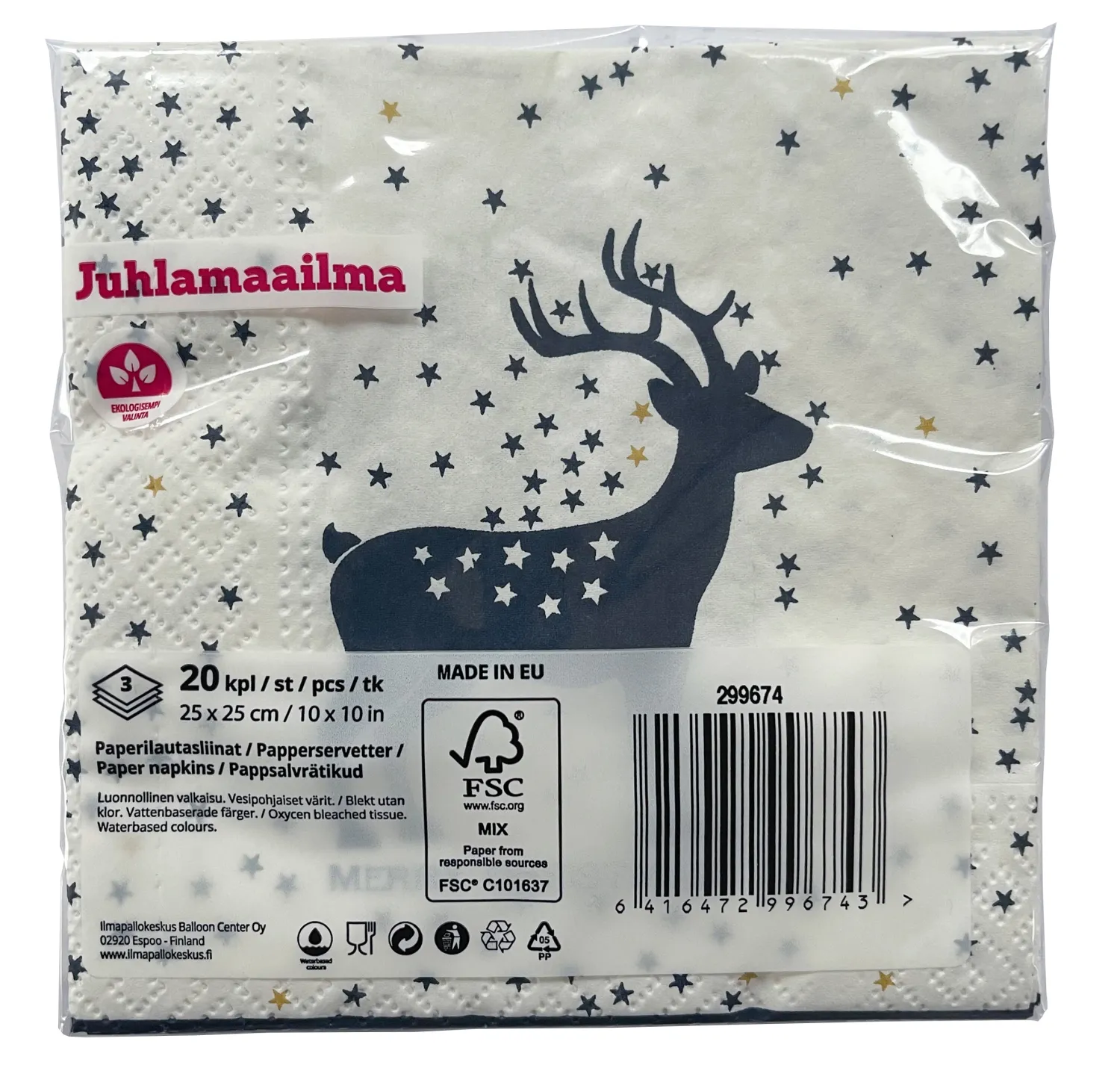 Joulu|Lautasliinat>Ilmapallokeskus Balloon Center Oy Part of Toyrock Group, Tiilipojanlenkki 9, 01720 VANTAA, www.ilmapallokeskus.fi Kuusi ja peura lautasliina 25 x 25 cm 20 kpl/pkt