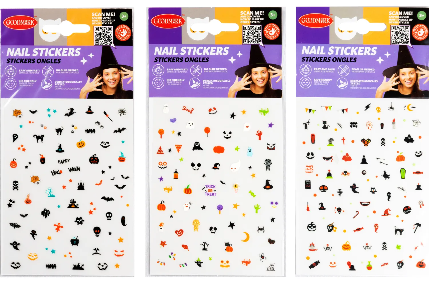 Halloween|Hampaat, Kynnet Ja Huulipunat>Goodmark Europe NV, Industrielaan 15, 8520 Kuurne, www.goodmarkgroup.com Kynsitarrat lajitelmatuote, 3 erilaista