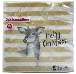 Joulu|Lautasliinat>Ilmapallokeskus Balloon Center Oy Part of Toyrock Group, Tiilipojanlenkki 9, 01720 VANTAA, www.ilmapallokeskus.fi Merry Christmas kauris lautasliina 33 x 33 cm 20 kpl/pkt