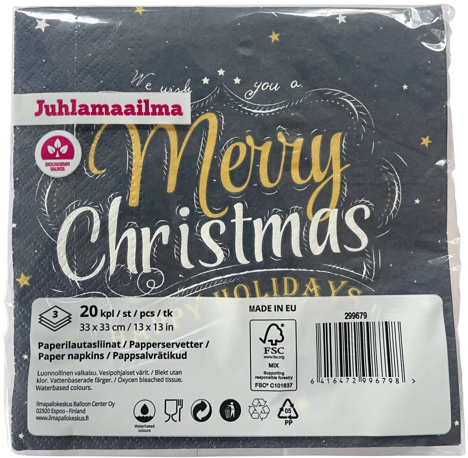 Joulu|Lautasliinat>Ilmapallokeskus Balloon Center Oy Part of Toyrock Group, Tiilipojanlenkki 9, 01720 VANTAA, www.ilmapallokeskus.fi Merry Christmas lautasliina sininen 33 x 33 cm 20 kpl/pkt