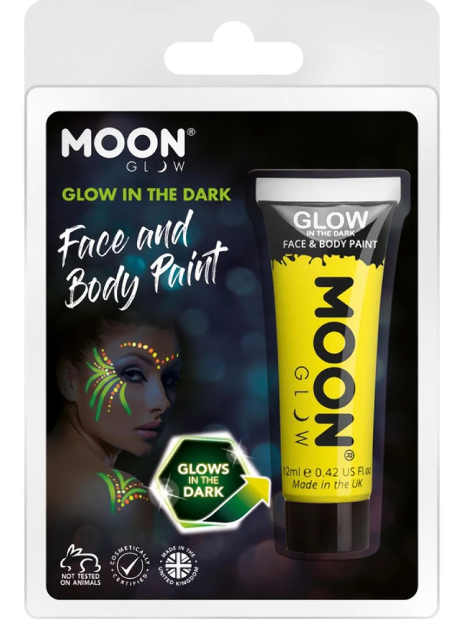 Kasvovärit|Halloween>Smiffys II Ltd., New Lane, Leeds, LS11 5DZ United Kingdom, www.smiffys.com Moon kasvovärituubi pimeässä hohtava keltainen 12 ml