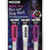 Halloween|Kasvovärit>Smiffys II Ltd., New Lane, Leeds, LS11 5DZ United Kingdom, www.smiffys.com Moon UV kasvoväri siveltimellä pinkki/valkoinen/violetti 15 ml 3 kpl/pkt