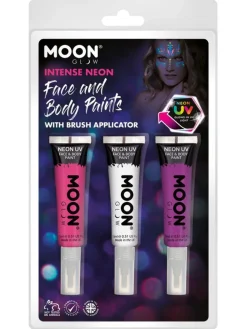 Halloween|Kasvovärit>Smiffys II Ltd., New Lane, Leeds, LS11 5DZ United Kingdom, www.smiffys.com Moon UV kasvoväri siveltimellä pinkki/valkoinen/violetti 15 ml 3 kpl/pkt