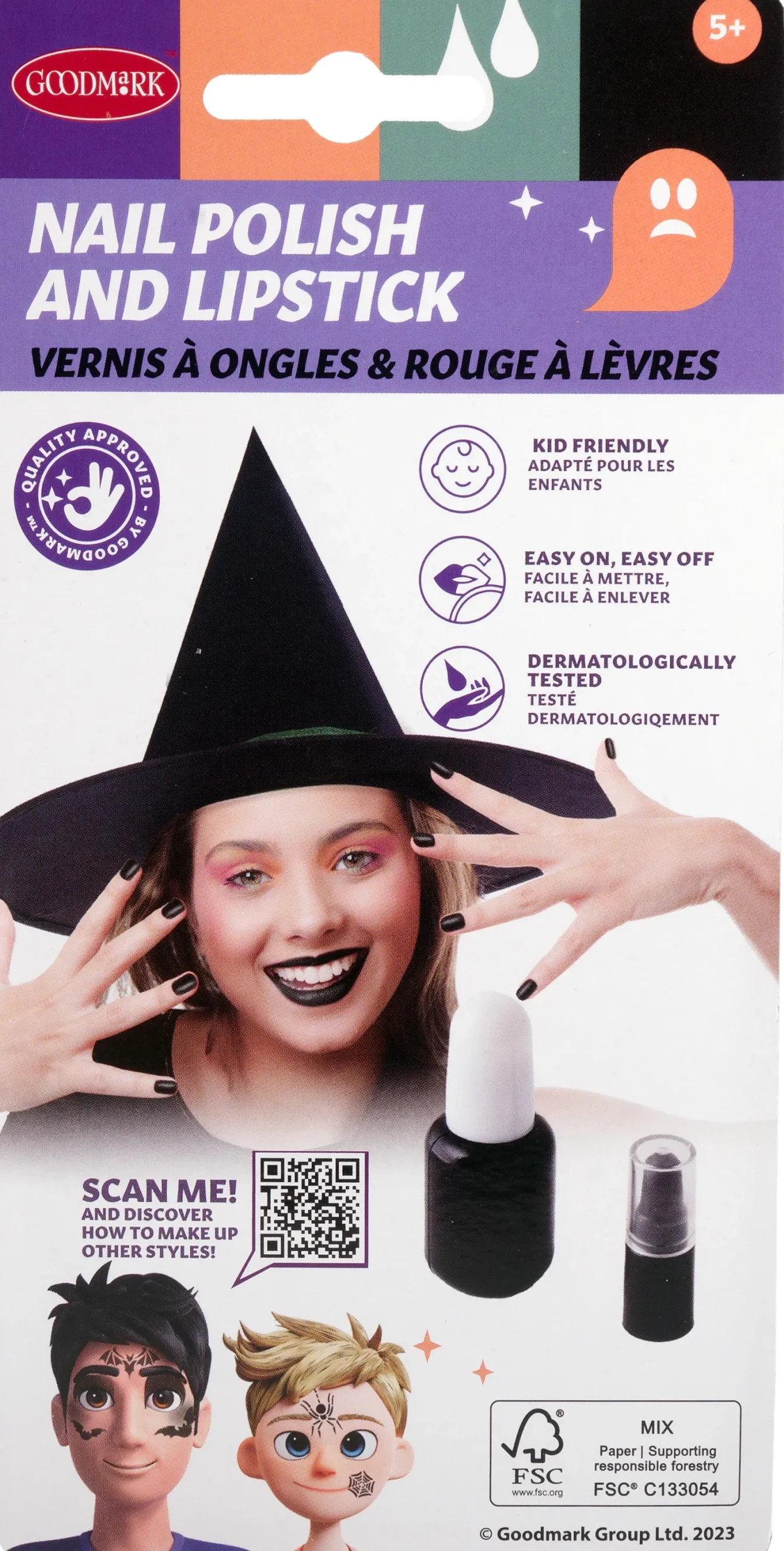 Halloween|Hampaat, Kynnet Ja Huulipunat>Goodmark Europe NV, Industrielaan 15, 8520 Kuurne, www.goodmarkgroup.com Musta kynsilakka 8 ml ja huulipuna