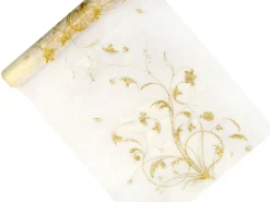 Organzat Ja Tyllit>PartyDeco sp. z o.o. sp. k., ul. Kolumba 1, 70-035 Szczecin, www.partydeco.com Organza valkoinen kultakuviolla 900 x 36 cm