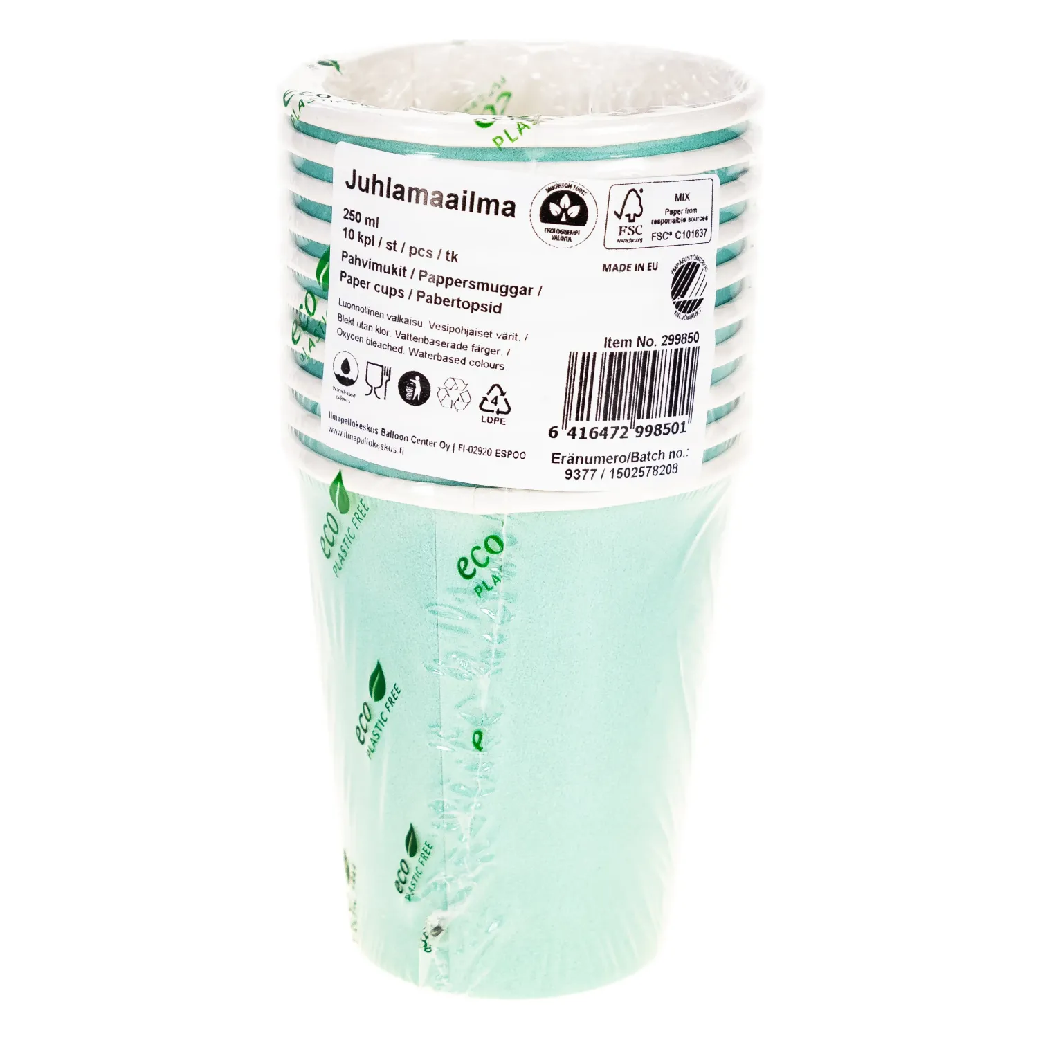 Värikattaus|Lasit Ja Mukit>Ilmapallokeskus Balloon Center Oy Part of Toyrock Group, Tiilipojanlenkki 9, 01720 VANTAA, www.ilmapallokeskus.fi Pahvimuki 250 ml vaaleanvihreä 10 kpl/pkt
