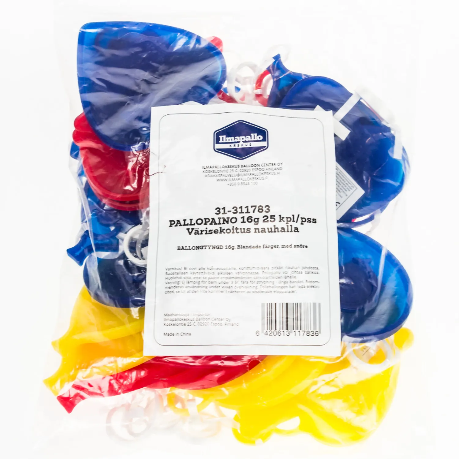 Ilmapallotarvikkeet|Pallopainot>Ilmapallokeskus Balloon Center Oy Part of Toyrock Group, Tiilipojanlenkki 9, 01720 VANTAA, www.ilmapallokeskus.fi Pallopaino 16 g, värisekoitus nauhalla, 25 kpl/pss