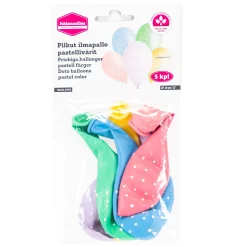 Painetut Ja Kuvioidut Ilmapallot>Toyrock Oy, Lemminkäisenkatu 46, 20520 TURKU, www.toyrock.fi Pilkut ilmapallo 30cm pastellivärit 5 kpl/pss