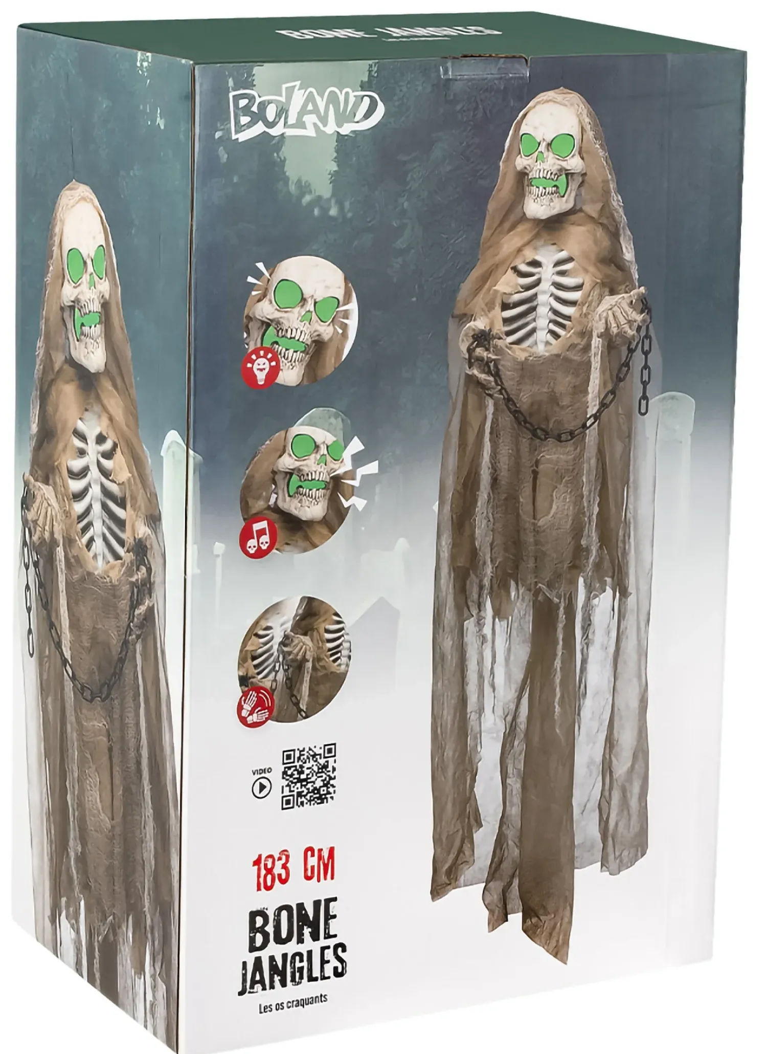 Ripustettavat Hahmot|Halloween>Boland Party Partners, P. O. Box 518, AK ALPHEN A/D RIJN, https://boland.eu Ripustettava luurankokoriste 180 cm äänellä, valolla ja liikkeellä