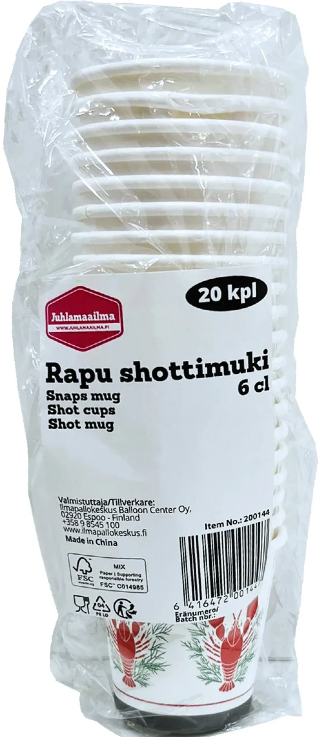 Rapujuhlat|Lasit Ja Mukit>Ilmapallokeskus Balloon Center Oy Part of Toyrock Group, Tiilipojanlenkki 9, 01720 VANTAA, www.ilmapallokeskus.fi Shottimuki Rapu 6 cl kartonkia, 20 kpl/pkt