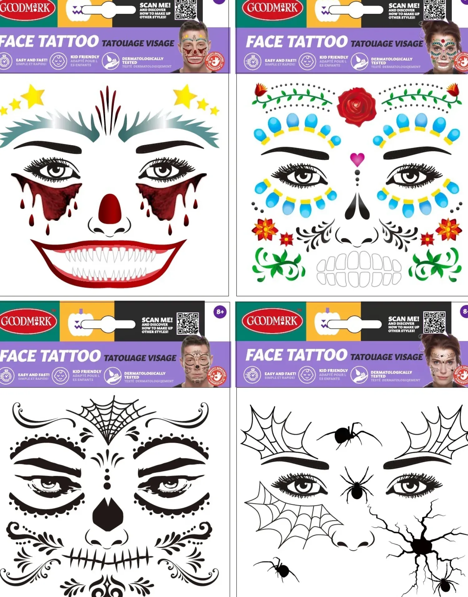 Halloween|Kasvotimantit Ja Siirtotatuoinnit>Goodmark Europe NV, Industrielaan 15, 8520 Kuurne, www.goodmarkgroup.com Siirtokuvatatuointi kasvoille, lajitelmatuote 4 erilaista