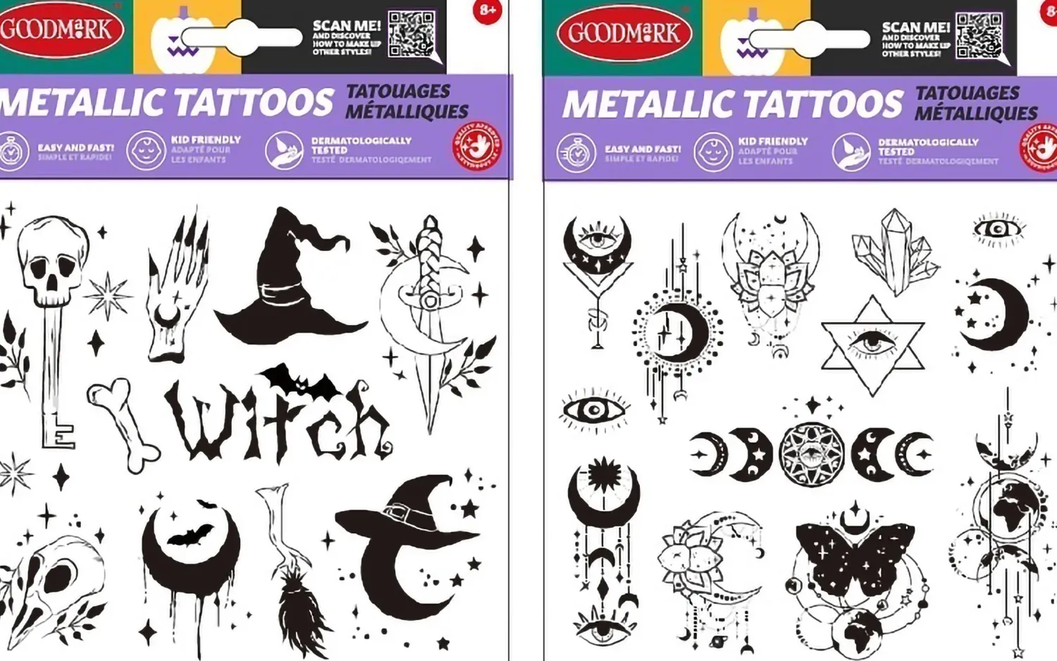 Halloween|Kasvotimantit Ja Siirtotatuoinnit>Goodmark Europe NV, Industrielaan 15, 8520 Kuurne, www.goodmarkgroup.com Siirtokuvat metalliset lajitelmatuote, 2 erilaista
