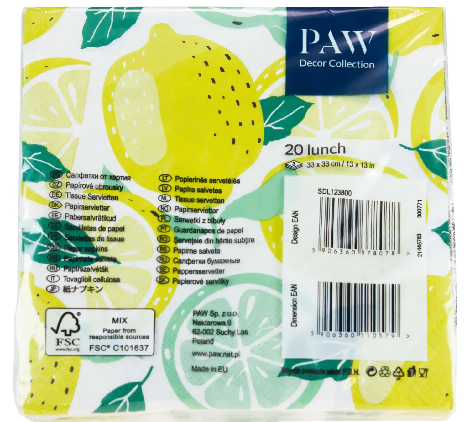 Lautasliinat>PAW Sp. z o.o., Nektarowa 9, 62-002 Suchy Las, www.paw.pl Suuri lautasliina 33 x 33 cm sitruuna 20 kpl/pkt
