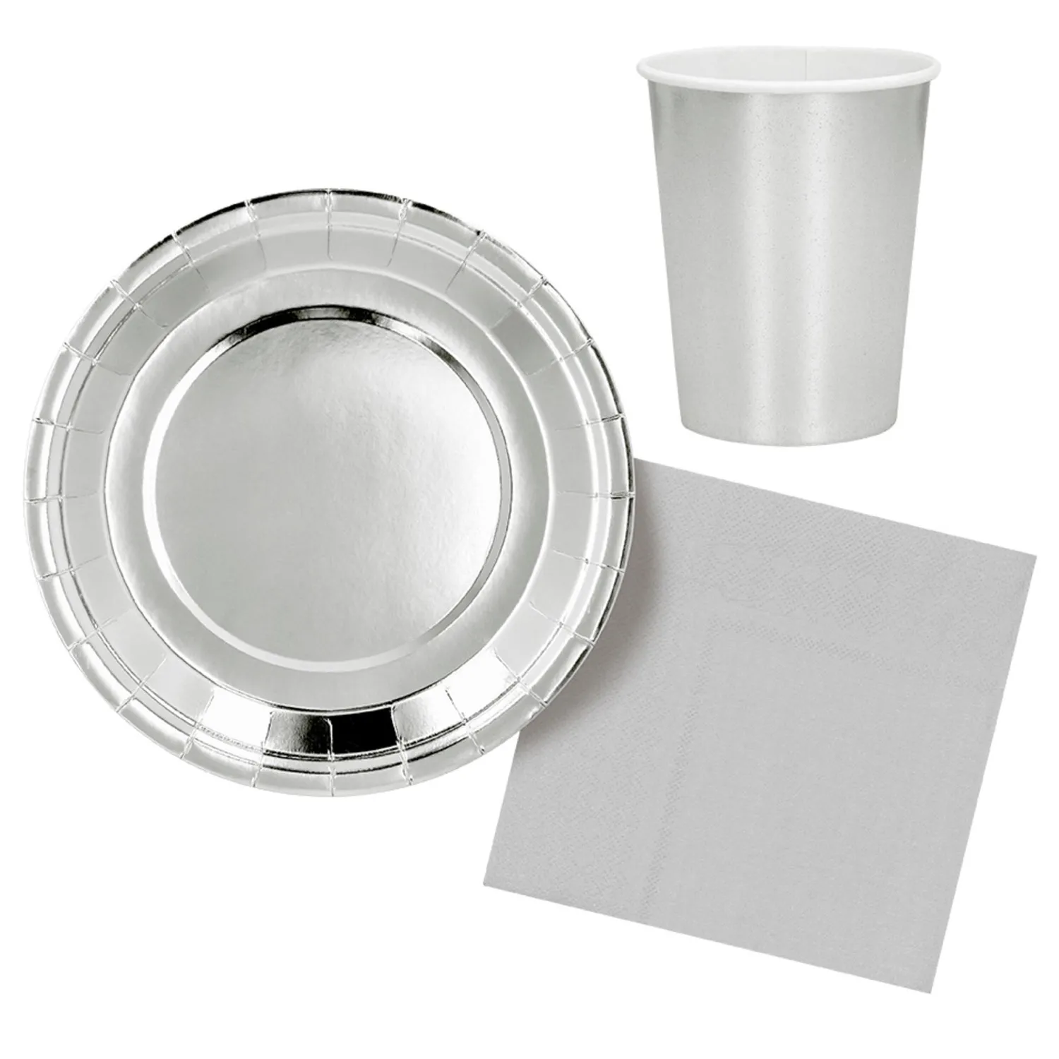 Lautaset|Värikattaus>Boland Party Partners, P. O. Box 518, AK ALPHEN A/D RIJN, https://boland.eu Suuri pahvilautanen hopeanvärinen 23 cm 6 kpl/pkt