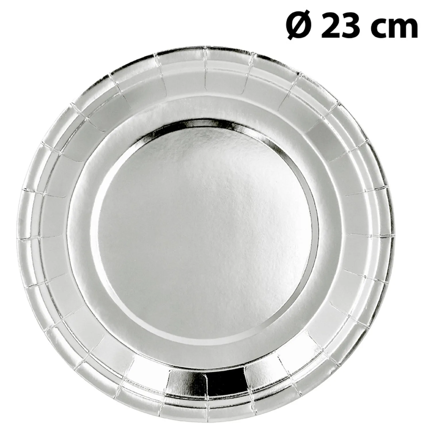 Lautaset|Värikattaus>Boland Party Partners, P. O. Box 518, AK ALPHEN A/D RIJN, https://boland.eu Suuri pahvilautanen hopeanvärinen 23 cm 6 kpl/pkt