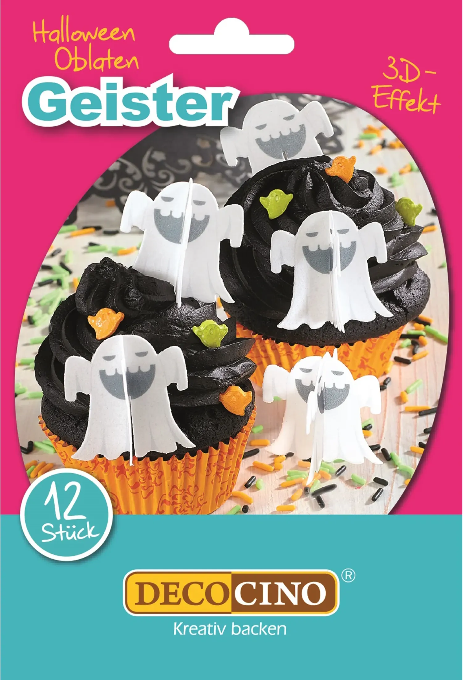 Halloween|Leivontakoristeet>Dekoback GmbH, Flinsbacher Straße 1, 74921 Helmstadt-Bargen, www.dekoback.com Syötävä leivonnaiskoriste haamu 12 osaa / 6 haamua/pkt