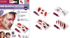 Halloween|Kasvotimantit Ja Siirtotatuoinnit>Goodmark Europe NV, Industrielaan 15, 8520 Kuurne, www.goodmarkgroup.com Tekoveri ja siirtokuvatatuointi -setti, lajitelmatuote 4 erilaista