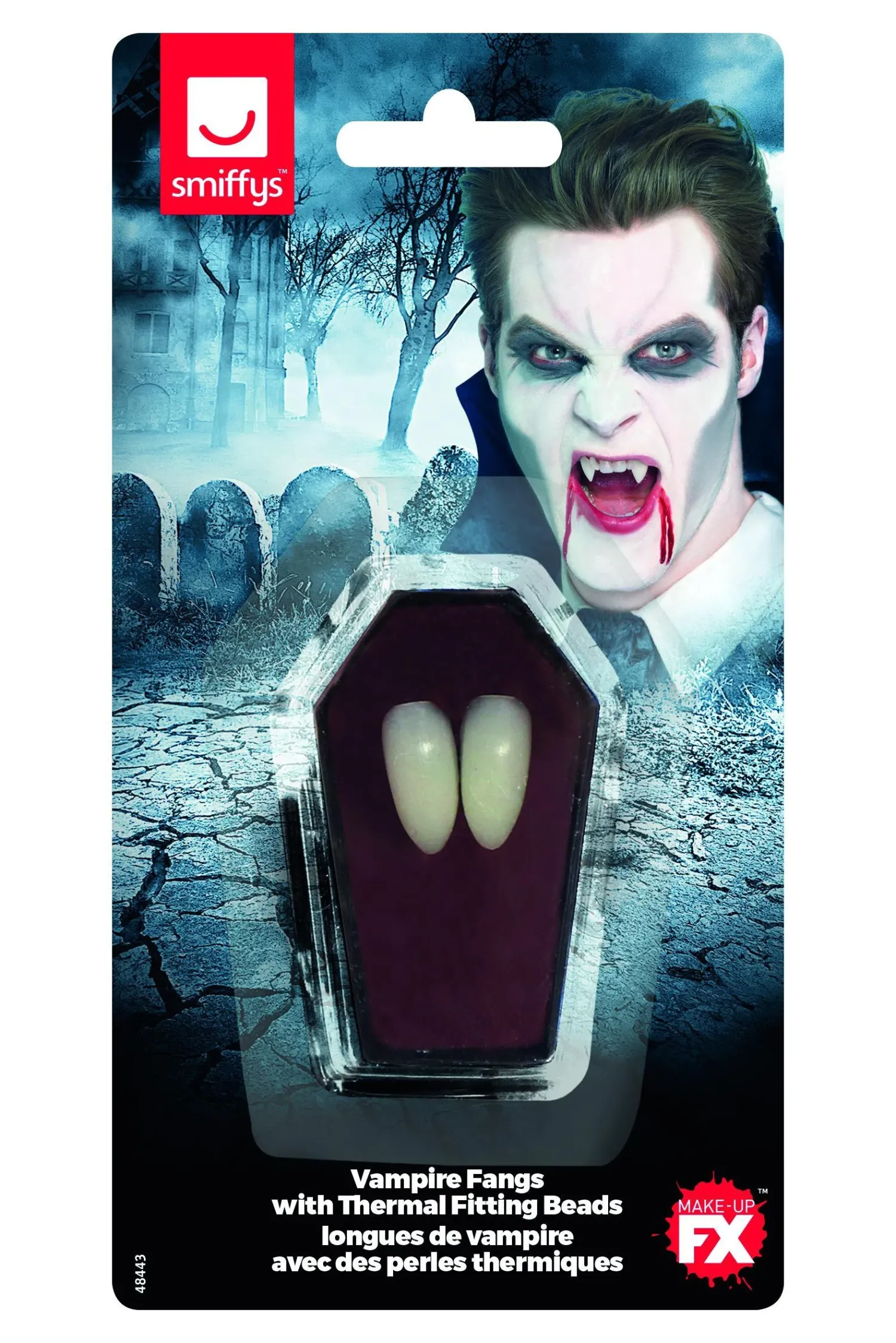 Kauhu / Day Of The Dead|Hampaat, Kynnet Ja Huulipunat>Smiffys II Ltd., New Lane, Leeds, LS11 5DZ United Kingdom, www.smiffys.com Vampyyrin kulmahampaat kiinnikkeellä