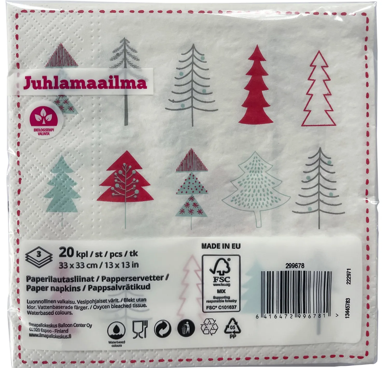 Joulu|Lautasliinat>Ilmapallokeskus Balloon Center Oy Part of Toyrock Group, Tiilipojanlenkki 9, 01720 VANTAA, www.ilmapallokeskus.fi Värikkäät joulukuuset lautasliina 33 x 33 cm 20 kpl/pkt