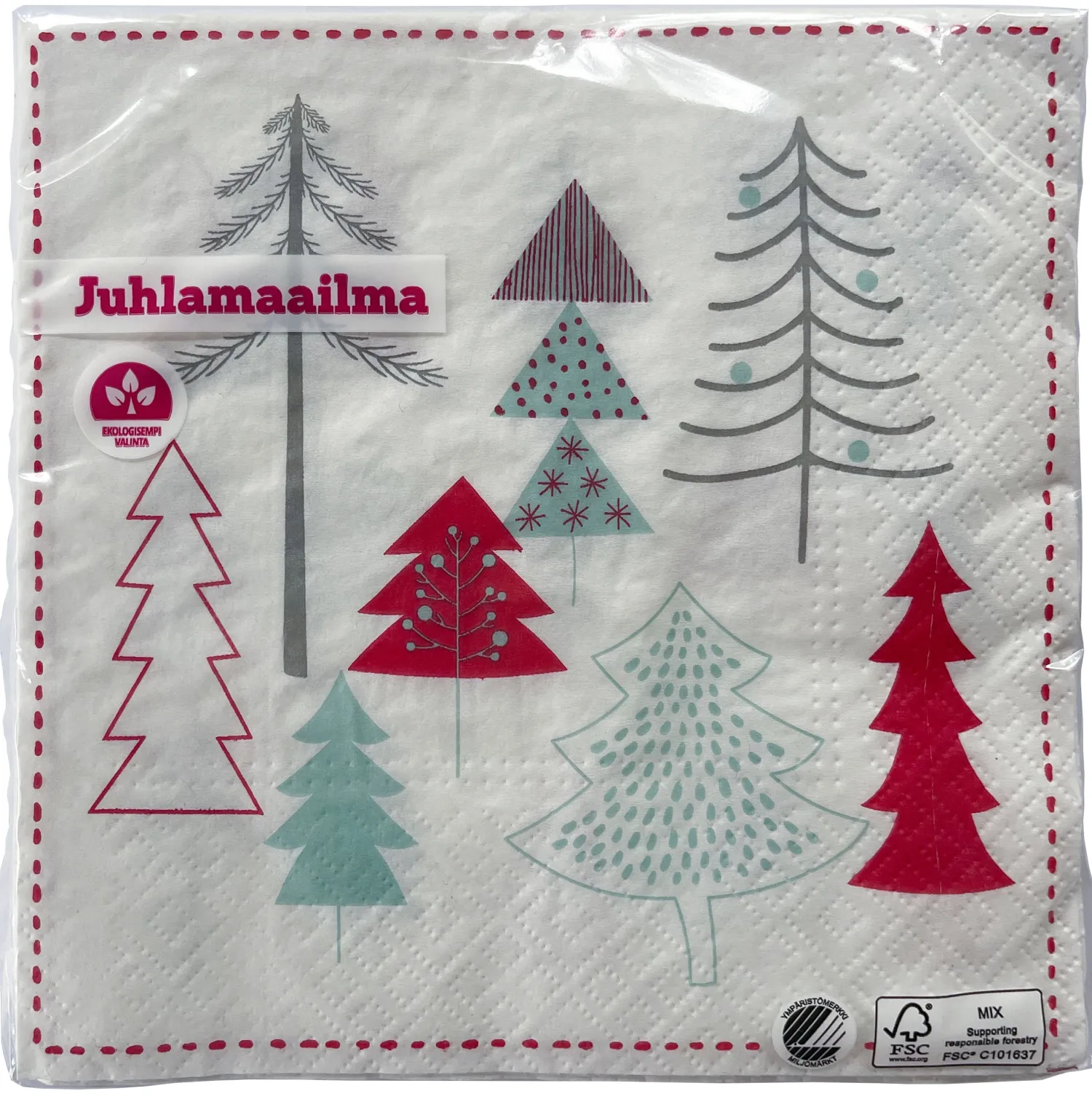 Joulu|Lautasliinat>Ilmapallokeskus Balloon Center Oy Part of Toyrock Group, Tiilipojanlenkki 9, 01720 VANTAA, www.ilmapallokeskus.fi Värikkäät joulukuuset lautasliina 33 x 33 cm 20 kpl/pkt